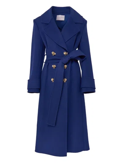 Carolina Herrera Flower Button Wool Long Peacoat In Blue