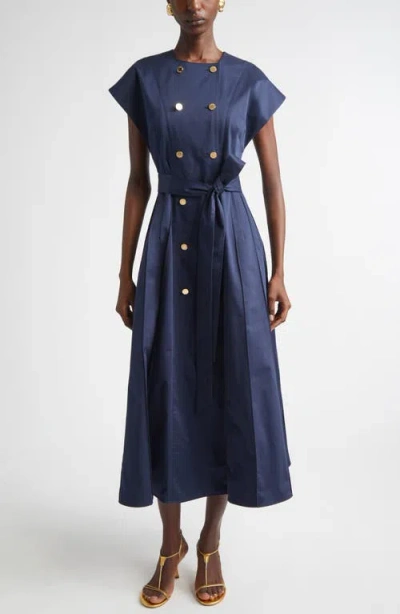 Carolina Herrera Double Breasted Stretch Sateen Shirtdress In Blue