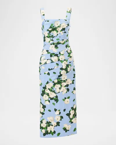 Carolina Herrera Draped Floral Cotton Sleeveless Midi Dress In Blue