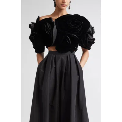Carolina Herrera Draped Flower Velvet Crop Top In Black