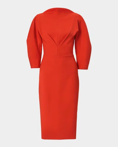 Carolina Herrera Draped High-neck Wool 3/4-sleeve Midi Dress In Chili Red