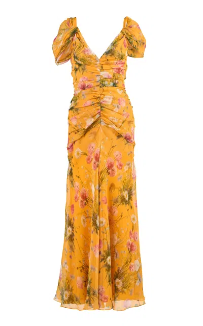 Carolina Herrera Draped Meadow Floral Crinkle Midi Dress In Orange