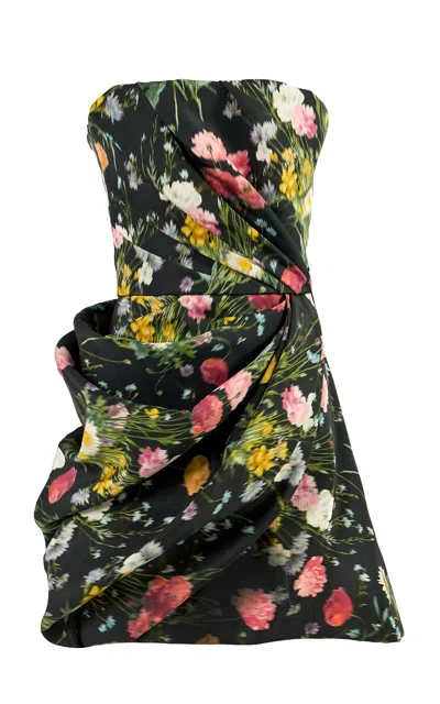 Carolina Herrera Draped Meadow Floral Silk Faille Mini Dress In Black