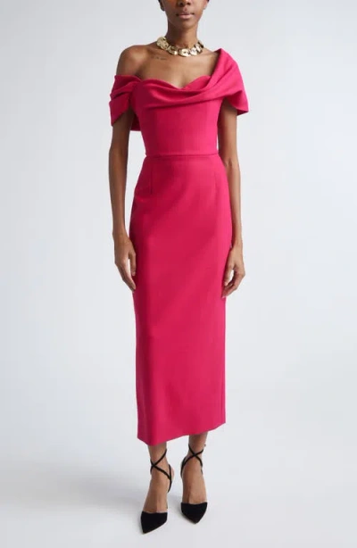 Carolina Herrera Draped Off The Shoulder Stretch Virgin Wool Column Dress In Pink