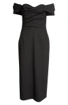 Carolina Herrera Draped Off The Shoulder Stretch Wool Midi Dress In Black