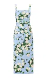 Carolina Herrera Draped Painted Rose Cotton Midi Dress In Blue