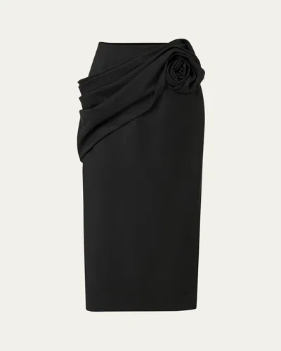 Carolina Herrera Draped Rose Slit Midi Skirt In Black