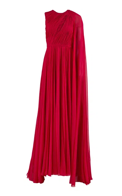 Carolina Herrera Draped-shoulder Silk Chiffon Gown In Red