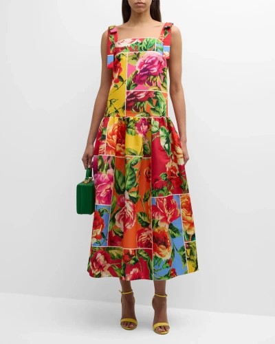 Carolina Herrera Drop Waist Floral Print Dress With Bow Straps In Multi-color