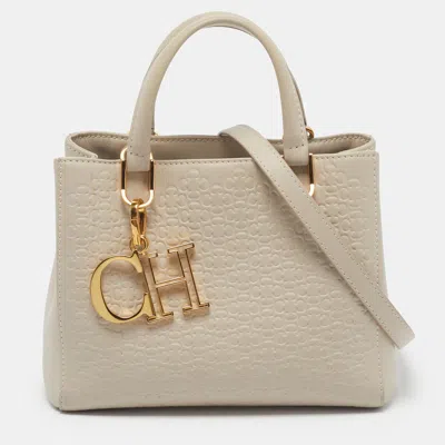 Pre-owned Carolina Herrera Duchess Mini Monogram Embossed Leather Tote In White