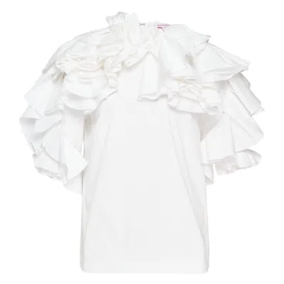 Carolina Herrera Elbow Sleeve Draped Floral Ruffle Top In White