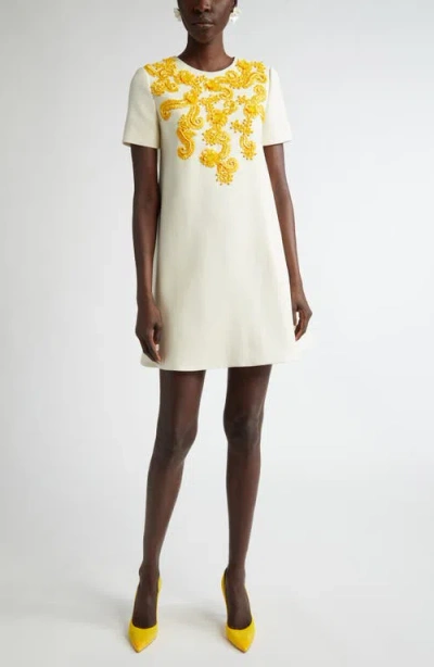 Carolina Herrera Embellished Bodice Stretch Virgin Wool Shift Dress In Ivory Multi