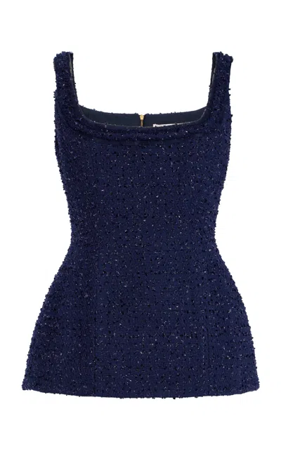 Carolina Herrera Embellished Bouclé Peplum Top In Navy