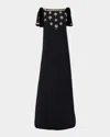 Carolina Herrera Embellished Bow-shoulder Crepe Gown In Black
