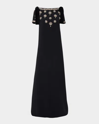 CAROLINA HERRERA EMBELLISHED BOW-SHOULDER CREPE GOWN