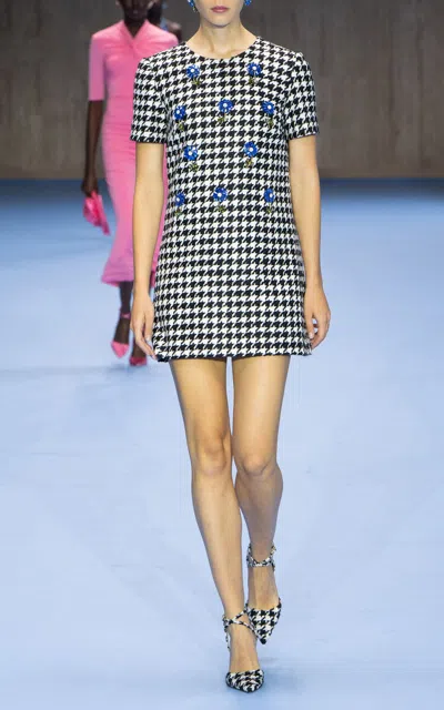 Carolina Herrera Embellished Houndstooth Linen-blend Mini Dress In Black,white