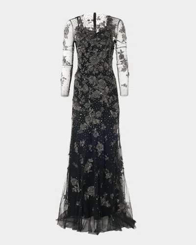 Carolina Herrera Embellished Illusion Trumpet Gown In Black