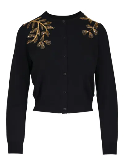 Carolina Herrera Gold Leaf-embroidered Silk Cotton Cardigan In Black