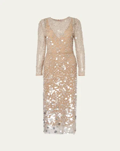 CAROLINA HERRERA EMBELLISHED LONG-SLEEVE MIDI DRESS