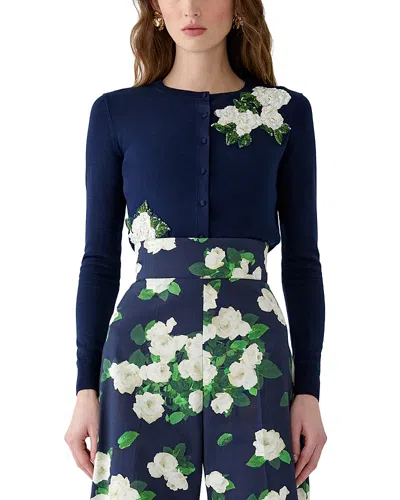 Carolina Herrera Embellished Long Sleeve Round Neck Cardigan In Blue