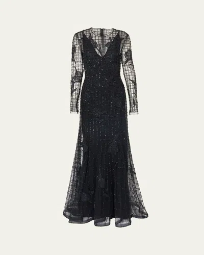 CAROLINA HERRERA EMBELLISHED LONG-SLEEVE TRUMPET GOWN