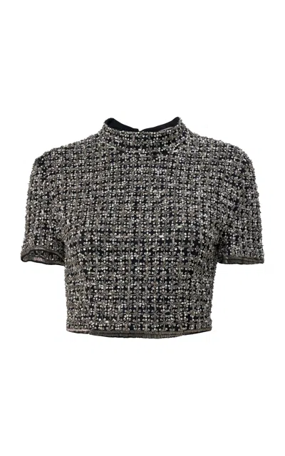 Carolina Herrera Embellished Mock Neck Nylon Tulle Crop Top In Black