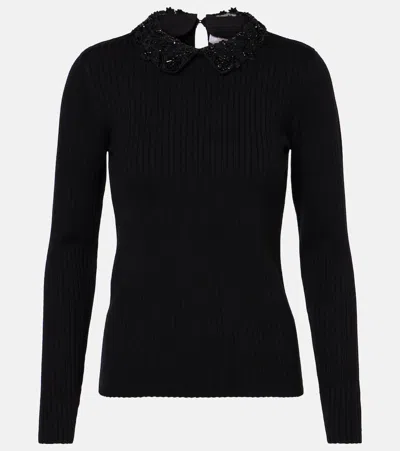 CAROLINA HERRERA EMBELLISHED RIBBED-KNIT WOOL TOP