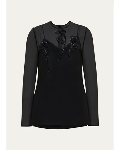 Carolina Herrera Embellished Semi-sheer Long Sleeve Top In Black
