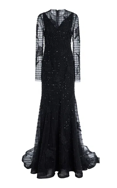 Carolina Herrera Embellished Sheer Gown In Black