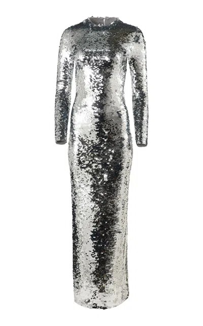 Carolina Herrera Embellished Signature Merino Sequin Gown In Silver