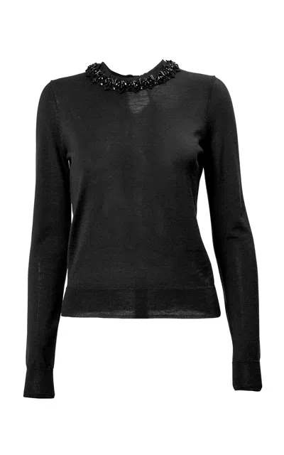 Carolina Herrera Embellished Signature Merino Silk Sweater In Black