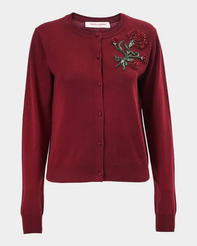 Carolina Herrera Embellished Silk-cotton Crewneck Cardigan In Red