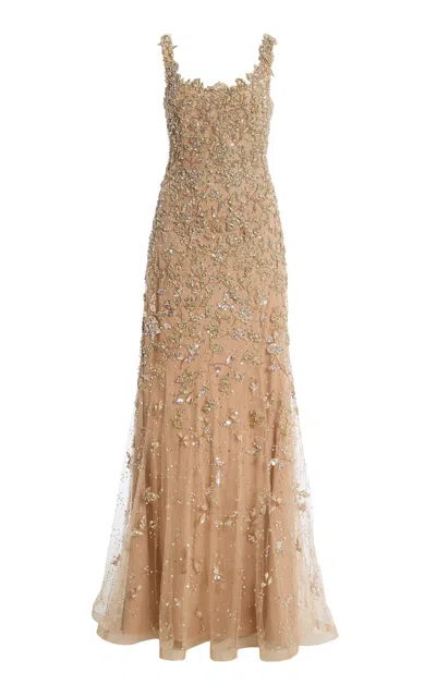 Carolina Herrera Embellished Square-neck Nylon Tulle Gown In Gold