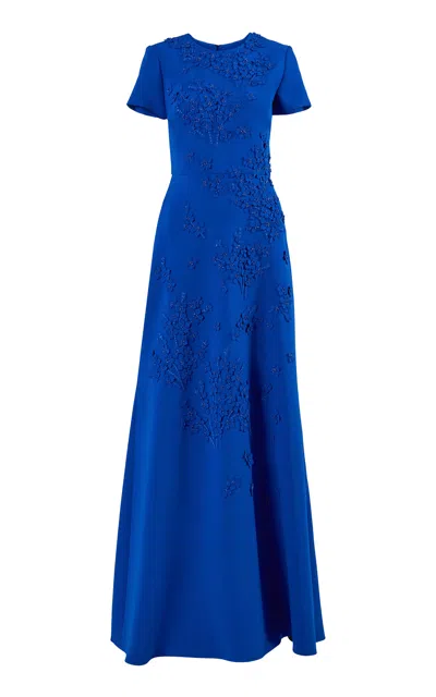 Carolina Herrera Embellished Stretch Fluid Crepe Gown In Blue