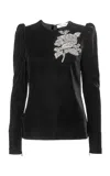 Carolina Herrera Embellished Stretch Velvet Top In Black