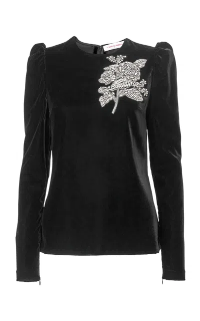 Carolina Herrera Embellished Stretch Velvet Top In Black