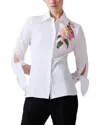 Carolina Herrera Floral Embroidered Tie-sleeve Button-down Shirt In Gray