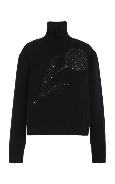 Carolina Herrera Embellished Turtleneck Wool Sweater In Black