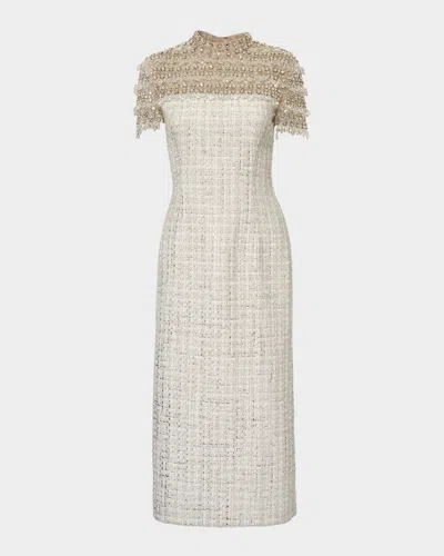 CAROLINA HERRERA EMBELLISHED TWEED MOCK-NECK PENCIL DRESS