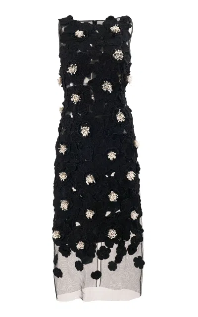Carolina Herrera Embellished Viscose Floral Crochet Midi Dress In Black