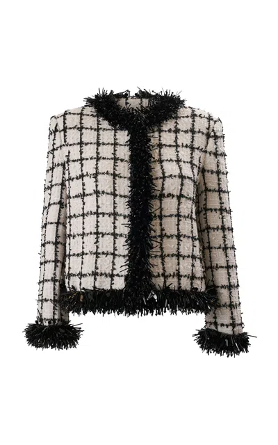 Carolina Herrera Embellished Windowpane Tweed Jacket In Black