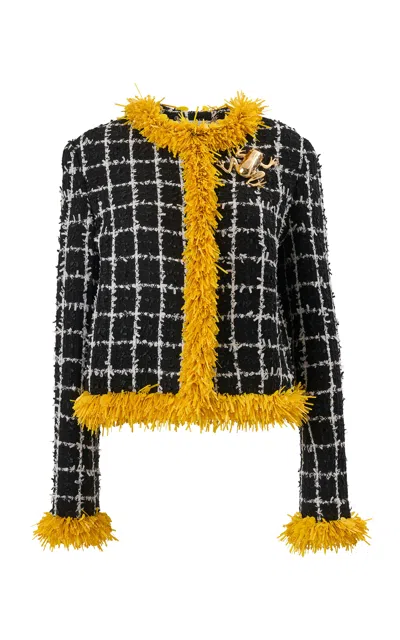 Carolina Herrera Embellished Windowpane Tweed Jacket In Black