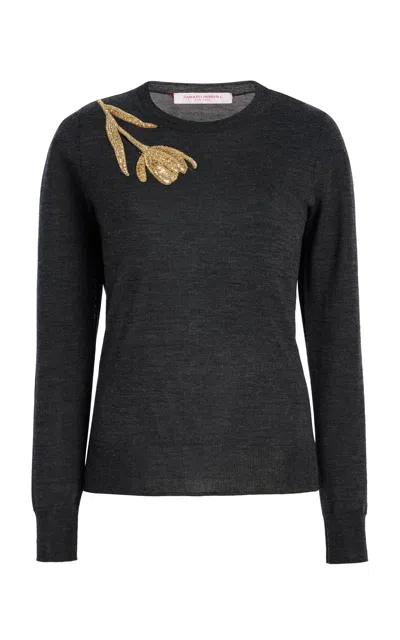 Carolina Herrera Embellished Wool-silk Sweater In Dark Grey