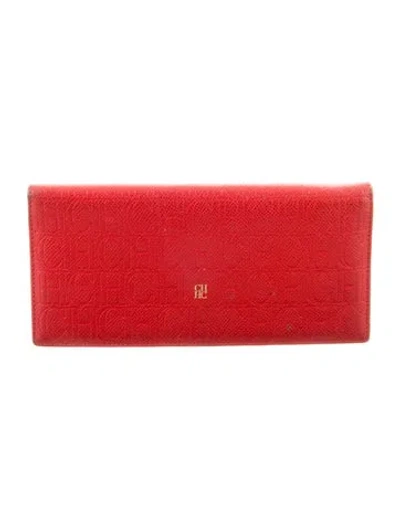 Pre-owned Carolina Herrera Embossed Leather Wallet In Red
