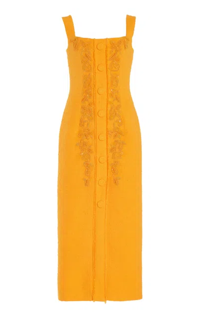 Carolina Herrera Embroiderd Cotton-linen Midi Dress In Orange