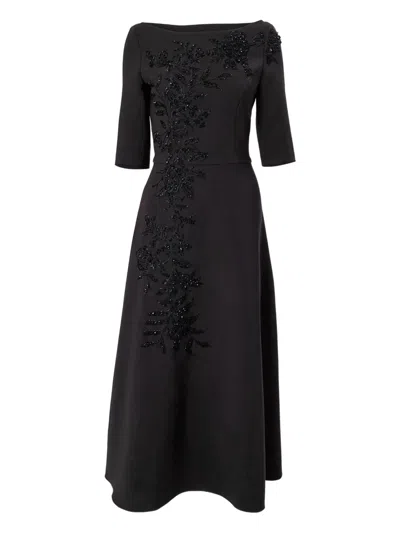 Carolina Herrera Embroidered Bateau Neck Midi Dress In Black