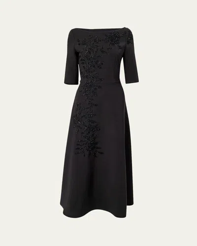 Carolina Herrera Embroidered Boat-neck Midi Dress In Black