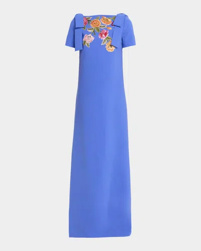 Carolina Herrera Embroidered Bow-shoulder A-line Gown In Blue