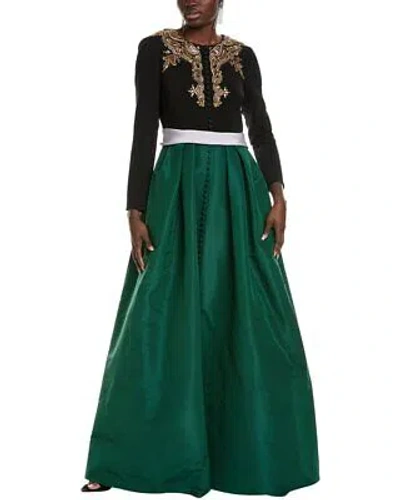 Pre-owned Carolina Herrera Embroidered Cinched Waist Silk Dress Women's In Spruce Green Mu