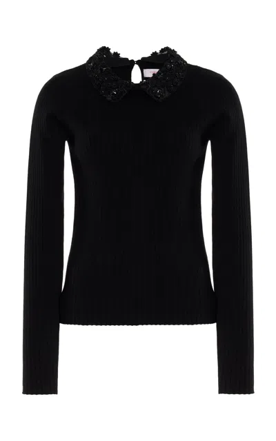 Carolina Herrera Embroidered-collar Knit Wool Top In Black